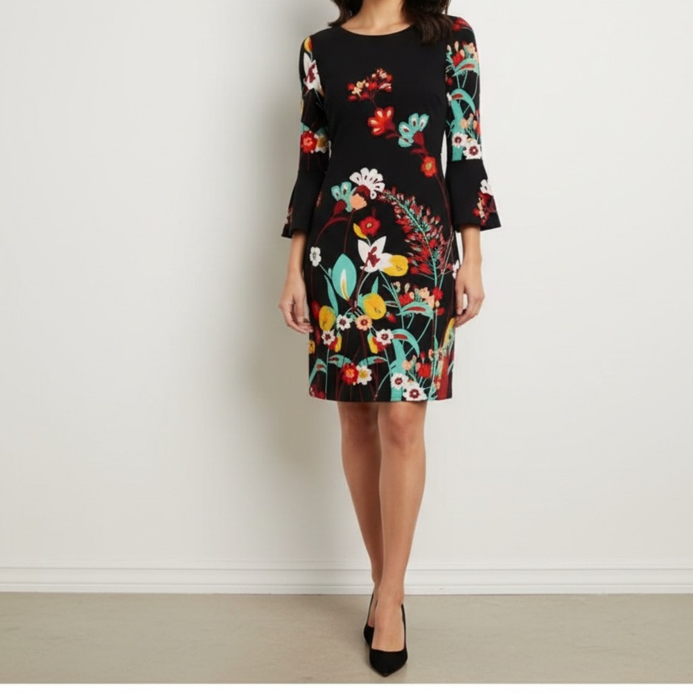 New York & Company Black Floral Long Sleeve Dress